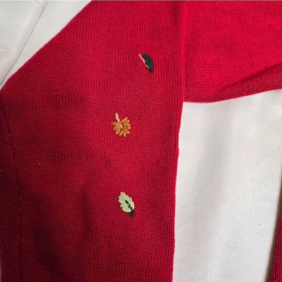 VINTAGE 90s red Talbots dog felted‎ fall leaves button up holiday cardigan S/M - Picture 6 of 12